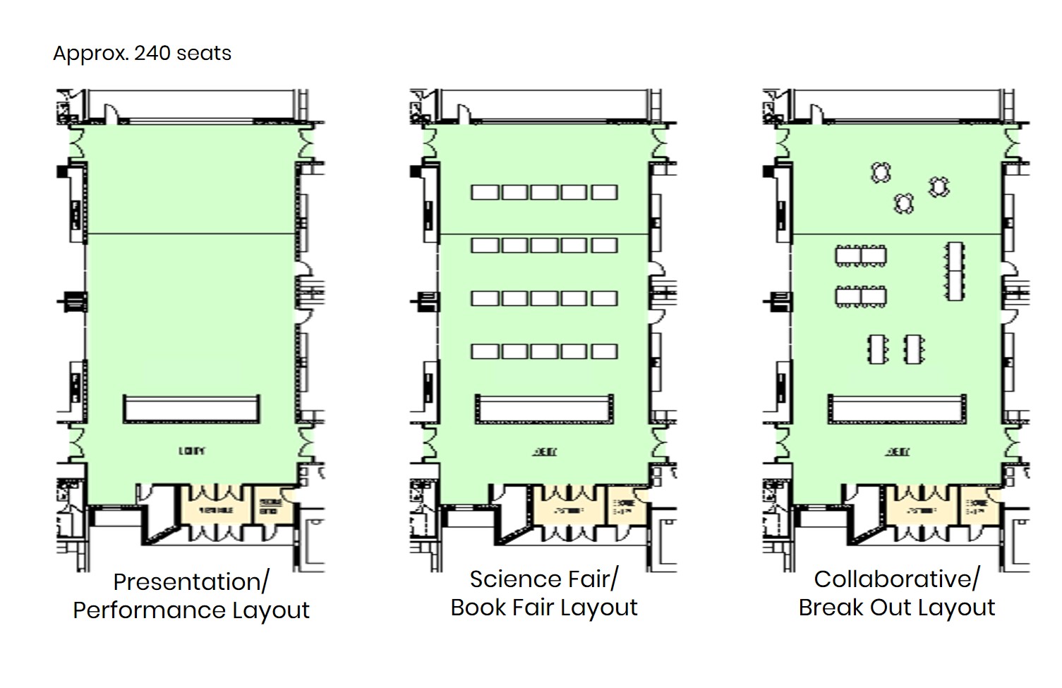 Woodland: Layout options for various uses of the collaborative commons area.